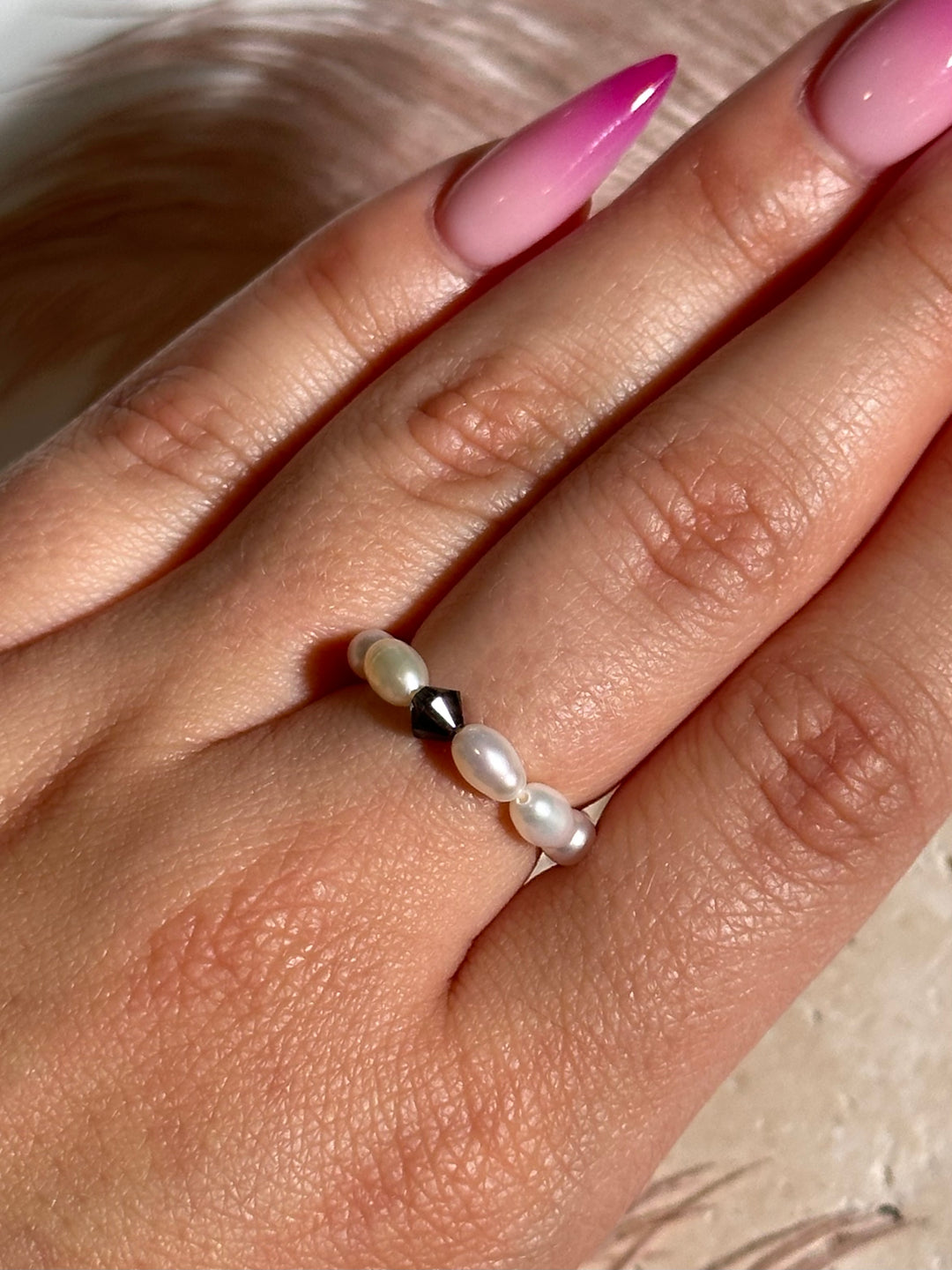 Black Swarovski & White Pearl Ring