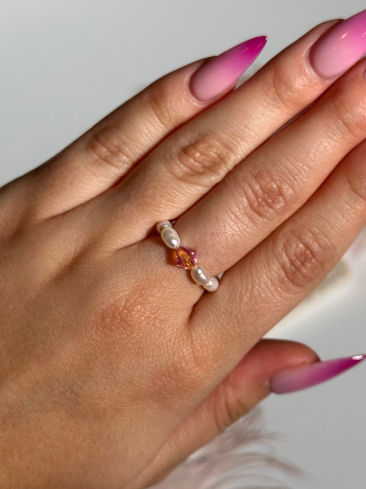 Pink Swarovski & White Pearl Ring