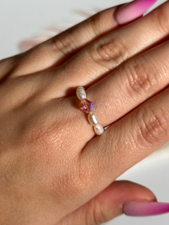 Pink Swarovski & White Pearl Ring
